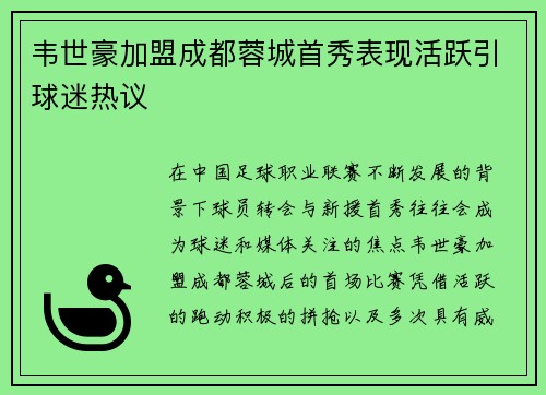 韦世豪加盟成都蓉城首秀表现活跃引球迷热议